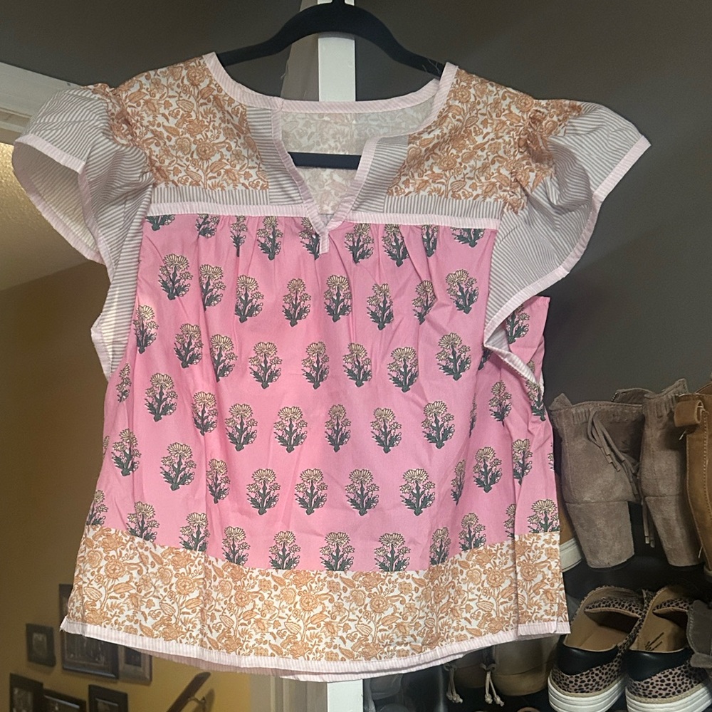 Pink and Tan Floral Blouse